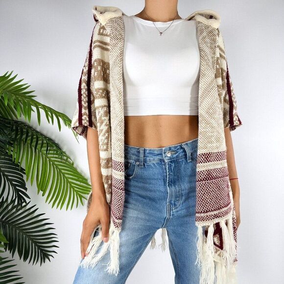 Womens Beige Aztec Bohemian Western Sweater Cardigan Fall Hooded Poncho / S/M - Picture 4 of 8